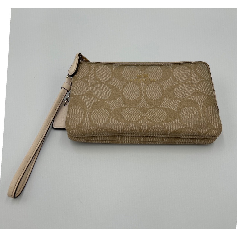 Coach F66506 Signature PVC Double Corner Zip Wristlet Light Khaki Chalk Gold